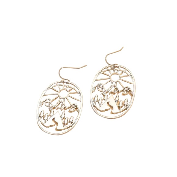 Boho Hollow Cut Metal Oval Mountain Scene Drop Earrings - Picture 5 of 6